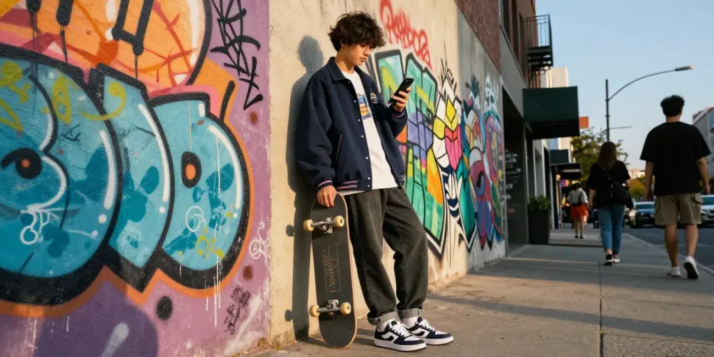 Streetwear lifestyle model in urban setting showcasing rokok88 fashion style