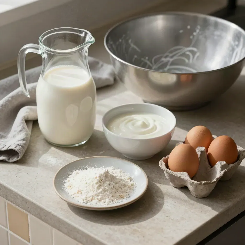Kit de sustituciones de cocina con leche de avena, yogur, maicena y huevos en vista cenital.