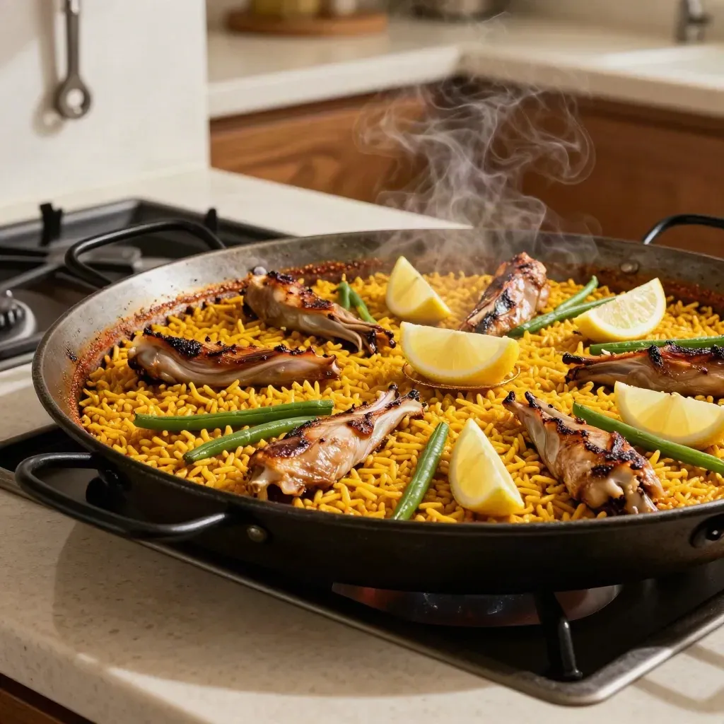 Paella de conejo con judías verdes y limón, humeando sobre el fogón en cocina cálida.