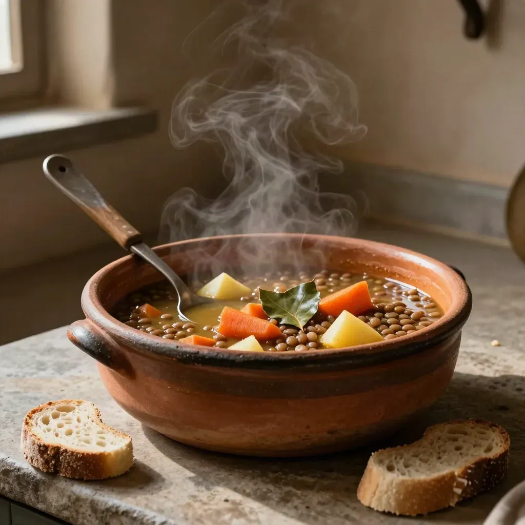 Cazuela de barro con lentejas y pan rústico, con vapor en una cocina cálida.