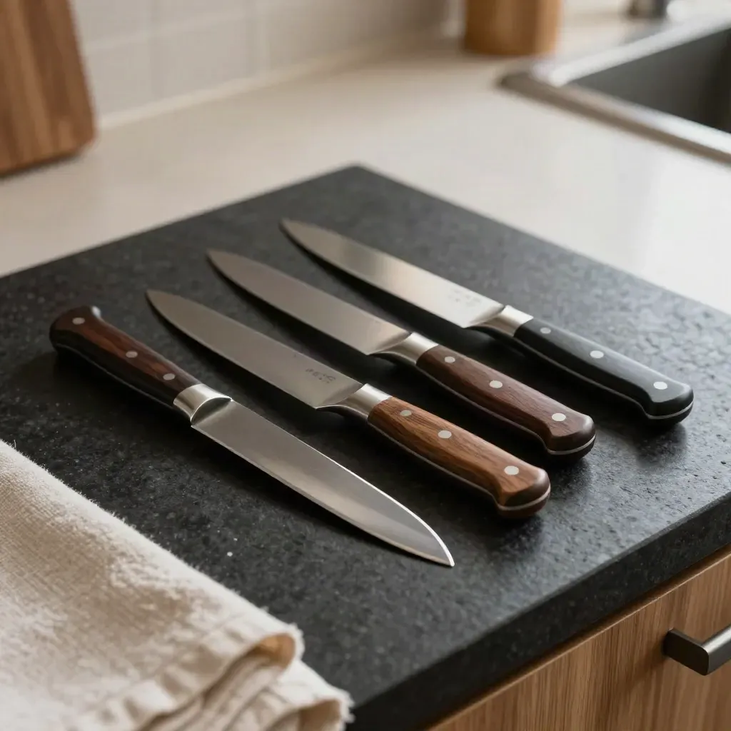 Tres cuchillos de cocina, una chaira y un paño plegado sobre encimera oscura, con luz dramática.