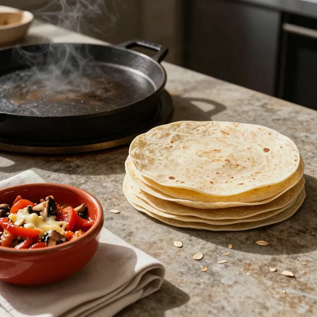 Tortillas finas recién hechas junto a una sartén y un cuenco de rellenos en cocina cálida.