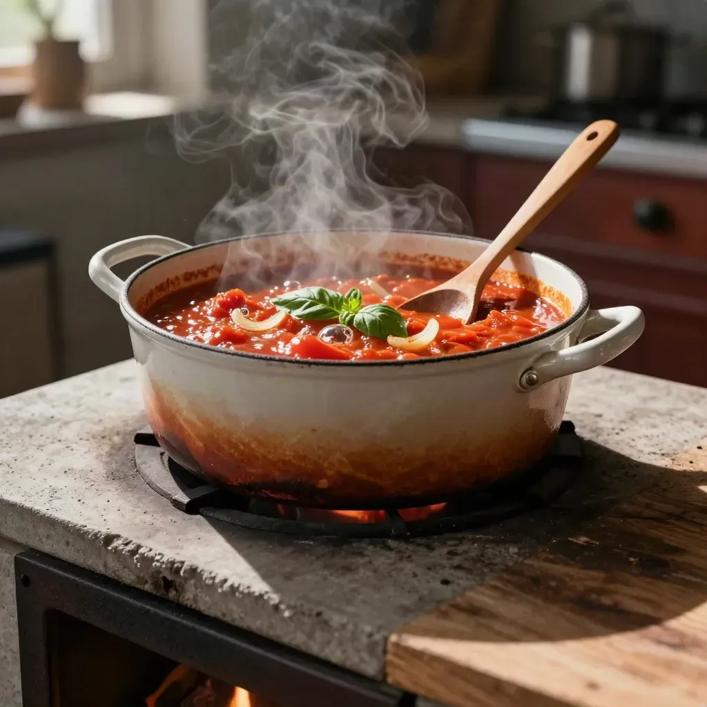 Cazuela de salsa de tomate espesa con albahaca y cuchara de madera, humeando al fuego