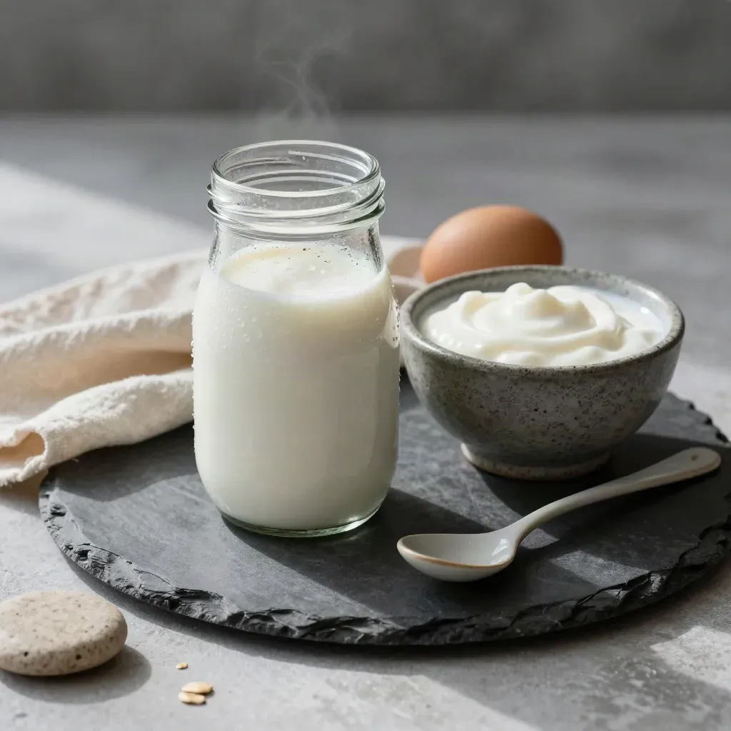Jarra de leche de avena, yogur y huevo sobre bandeja de pizarra con paño crema.